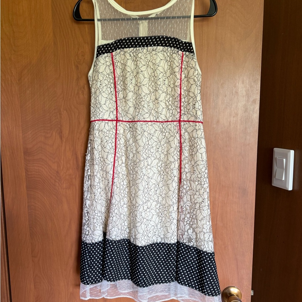 White Lace Dress with Black Polka Dot Accents